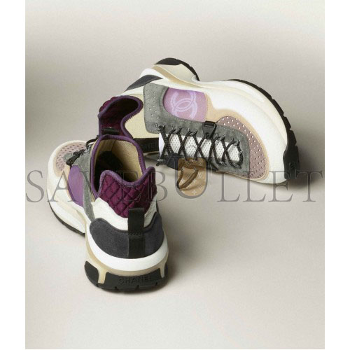 CHANEL SNEAKERS 		FABRIC, SUEDE CALFSKIN, MESH & FABRIC			WHITE, GRAY, PURPLE G39488 Y56142 K4944