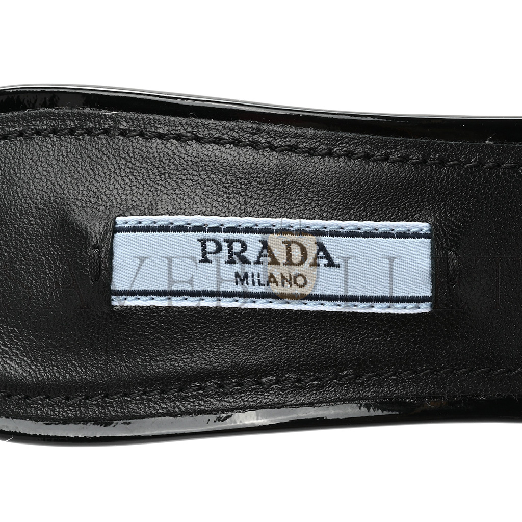 PRADA PLEXIGLASS VERNICE METAL TRIANGLE LOGO 65MM SLIDE SANDALS 36.5 BLACK PRADA PLEXIGLASS VERNICE METAL TRIANGLE LOGO 65MM SLIDE SANDALS 36.5 BLACK