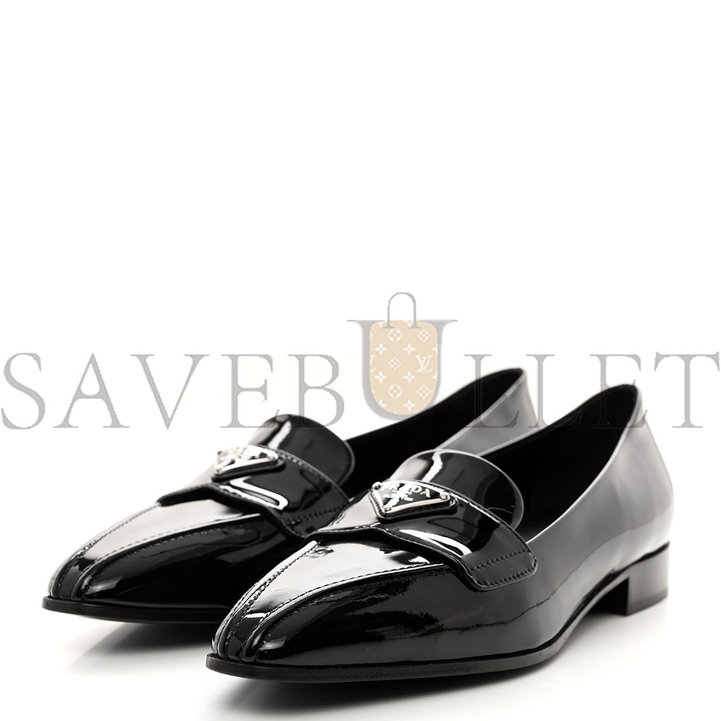 PRADA VERNICE METAL TRIANGLE LOGO POINTED TOE 25MM LOAFERS 37.5 BLACK