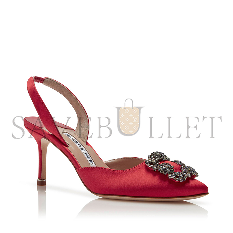 MANOLO BLAHNIK HANGISLI RED SATIN JEWEL BUCKLE SLINGBACK PUMPS 419-0473-0006 MANOLO BLAHNIK HANGISLI RED SATIN JEWEL BUCKLE SLINGBACK PUMPS 419-0473-0006