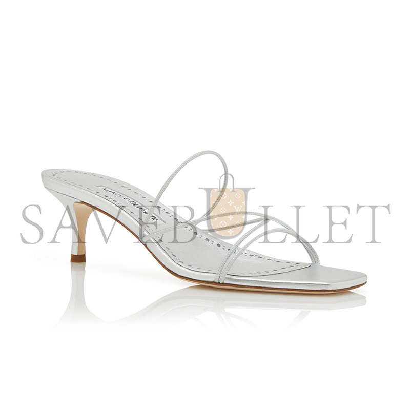 MANOLO BLAHNIK NINFEMU SILVER NAPPA LEATHER OPEN TOE MULES 224-1685-0002 MANOLO BLAHNIK NINFEMU SILVER NAPPA LEATHER OPEN TOE MULES 224-1685-0002