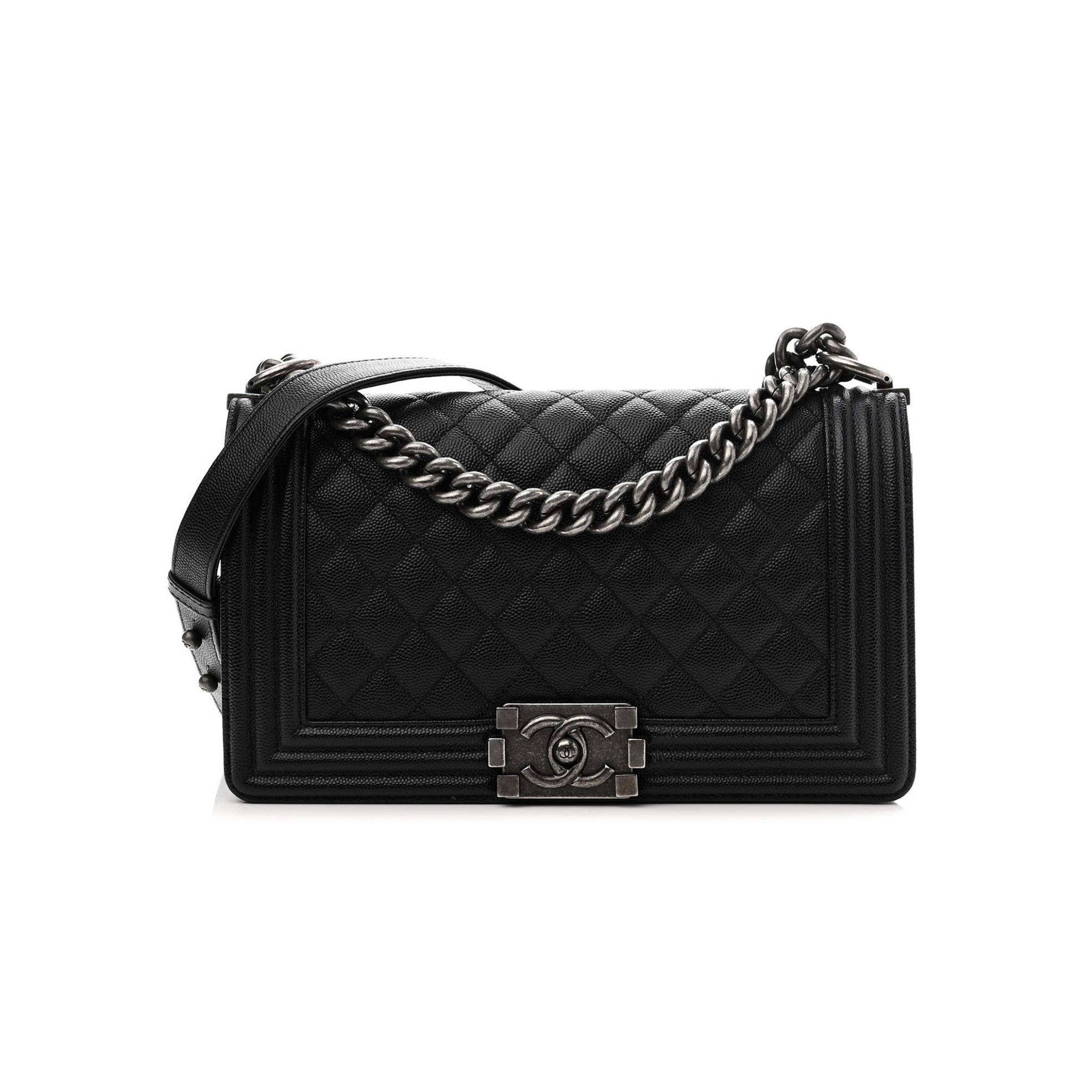 CHANEL CAVIAR QUILTED MEDIUM BOY FLAP BLACK SILVER HARDWARE (25*15*8cm)