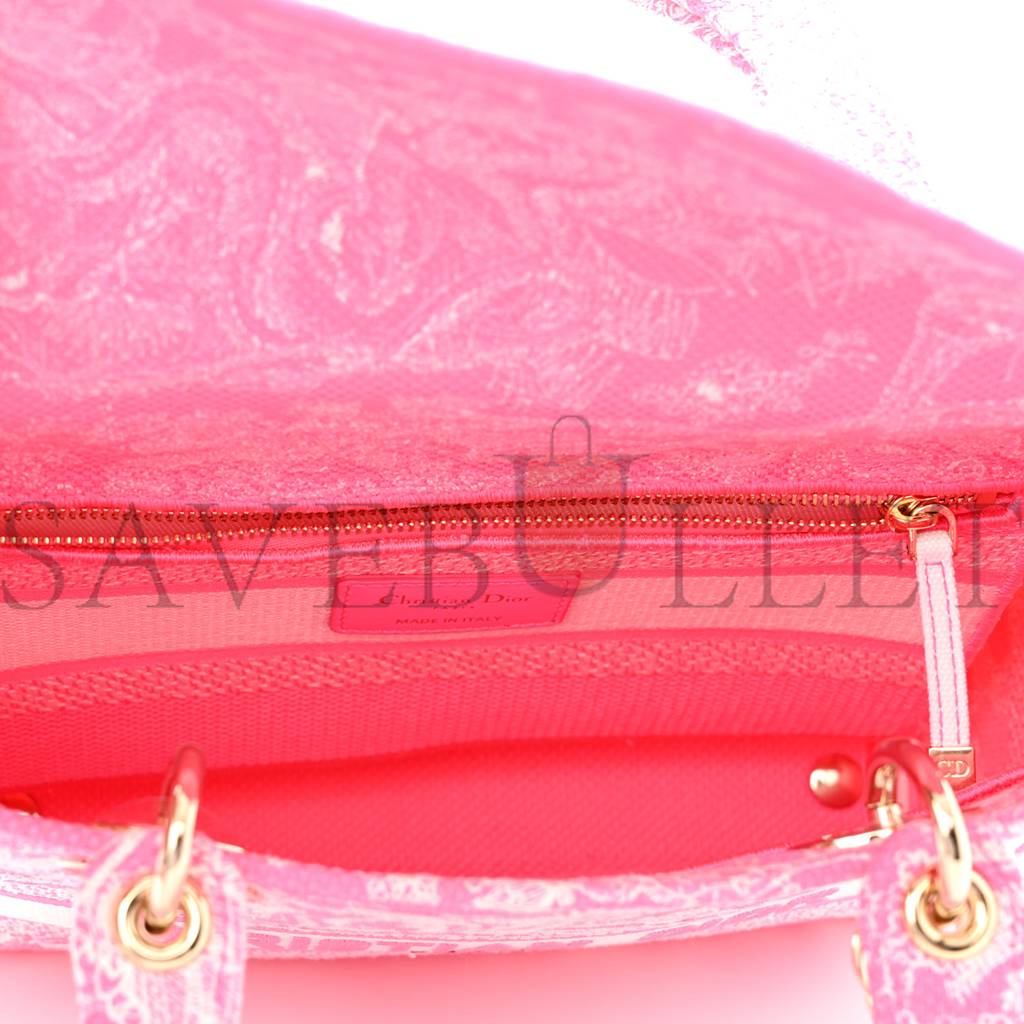 DIOR CANVAS TOILE DE JOUY REVERSE EMBROIDERED MEDIUM LADY D-LITE FLUORESCENT PINK (24*20*11cm)