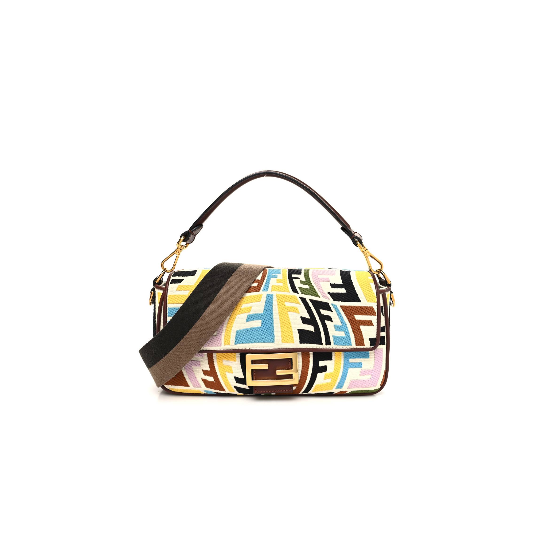 FENDI X SARA COLEMAN CANVAS VITELLO KING SETA FF FISH EYE EMBROIDERED BAGUETTE GREZZO MULTICOLOR GHIANDA (28*15*8cm)